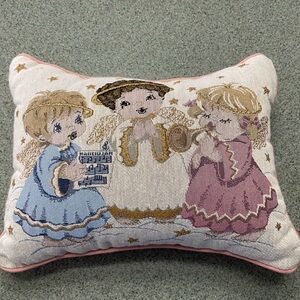 Vintage Riverdale Angel Tapestry Lumbar Pillow 16x12 USA Woven Pink Trim